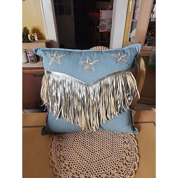 Vegas Cowgirl Star And Fringe Denim Pillow 17"×17" - Picture 2 of 4